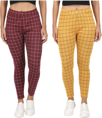 Just Live Fashion Checkered Women Gold, Maroon Tights