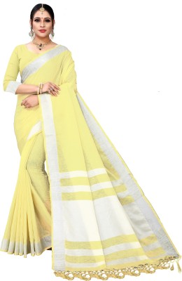 BHAKTI BHUSHAN CREATION Striped Bollywood Cotton Blend, Cotton Linen Saree(Yellow)