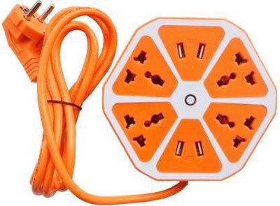 Vacotta Global Hexagon Socket Extension Board with 4 USB, 4 Plug Charging Ports Adapter 4 Socket Extension Boards 4  Socket Extension Boards(Orange, 1.7 m, With USB Port)