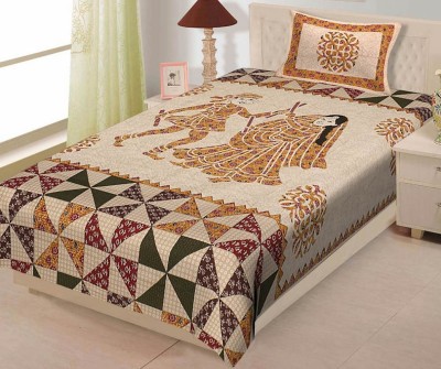 Rajasthani Traditional 300 TC Cotton Single Jaipuri Prints Flat Bedsheet(Pack of 1, Orange)