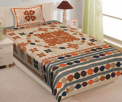 Rajasthani Traditional Cotton Single Flat 300 TC Jaipuri Prints Bedsheet(Pack of 1, Orange)