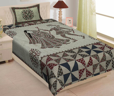 Rajasthani Traditional Cotton Single Flat 300 TC Jaipuri Prints Bedsheet(Pack of 1, Grey)