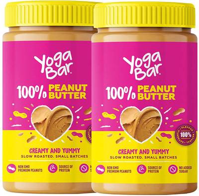 Yogabar 100% Peanut Butter | All Natural Unsweetened Peanut Butter, 2 x 400g | Yummy &amp; Creamy Peanut Butter made from Slow Roasted Peanuts in Small Batches | Non-GMO, Vegan, Keto &amp; High Protein Peanut Butter 800  (Pack of 2)