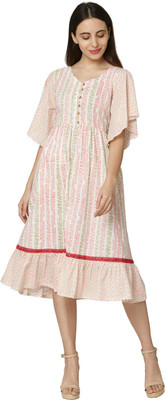 Saanjh Women Printed Flared Kurta(White)