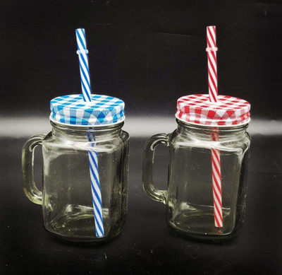 GREATZON ENTERPRISE Glass Straw Jar with Lid and Straw Summer Ice Cream Fruit Cold Drinking Water Jars Cold Coffee Juice Cup Glass Mason Jar (450ml) Glass Mason Jar(450 ml, Pack of 2)