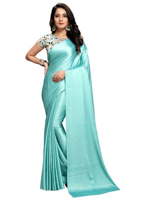 DHYANOM Solid/Plain Bollywood Satin Saree(Light Blue)