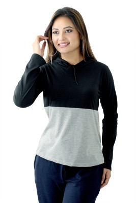 PRW FASHION Solid Women Hooded Neck Black T-Shirt