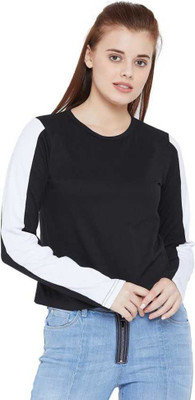 Morewill Colorblock Women Round Neck Black T-Shirt