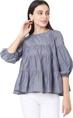 Saanjh Party Balloon Sleeve Self Design Women Grey Top