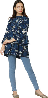 Saanjh Party Bell Sleeve Printed Women Blue Top