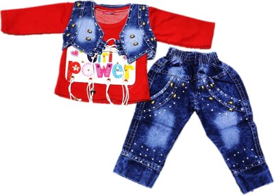 Fnock Fashion Baby Girls Party(Festive) Top Pant(Red)