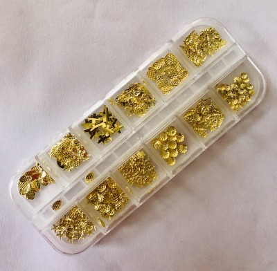 Tamilnadushopping Crystal Nail Art Rhinestones Acrylic Nail Stones DIY Non Hotfix Flatback For 3D Nails Art Decorations (G-53 Mixed Jewelry 12 PATTERNS GOLD METAL STUDS)(GOLD)