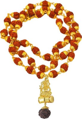 KRIWIN Religious Jewelry Lord Shivji Damru Locket With Puchmukhi Rudraksha Mala(8MM 36Beads) Gold-plated Plated Wood Chain Beads Gold-plated Plated Brass Chain
