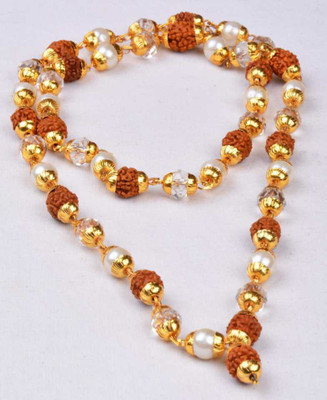 KRIWIN Energized Rudraksha with Pearl and Sphatik Mala Combination Rare Collection Resin Chain Set Beads Gold-plated Plated Brass Chain
