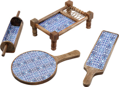 Tailos Handmade Khaat Platter, Belan Platter, Cricket bat Platter, Pizza Platter, for Tableware, Serving Plate, Tray(4 Tray)