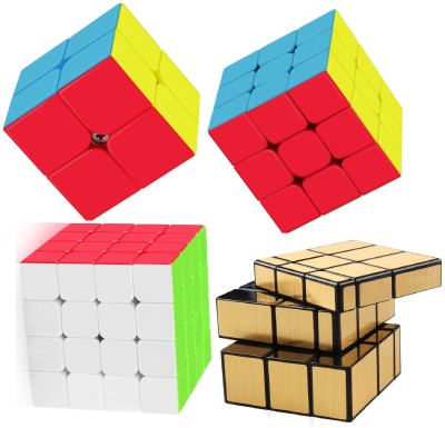 Authfort Speed Cube Sticker less Set 2x2 3x3 4x4 Mofang jiaoshi Gold Mirror Stickered Speed Cube Bundle Pack ( 4 piece )(4 Pieces)