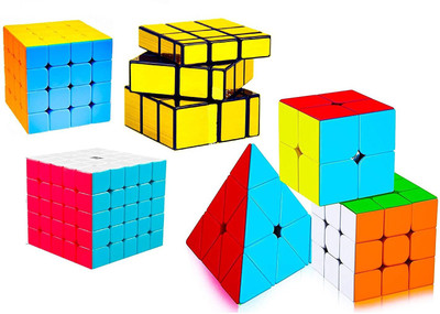 Authfort Speed Cube 2X2 3x3 4x4 5x5 Mirror and Pyraminx Pyramid Triangle Puzzle Cubes Combo ( 6 pieces )(6 Pieces)