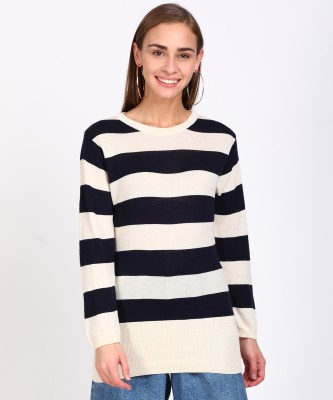 KILLER Woven Round Neck Casual Women White, Dark Blue Sweater