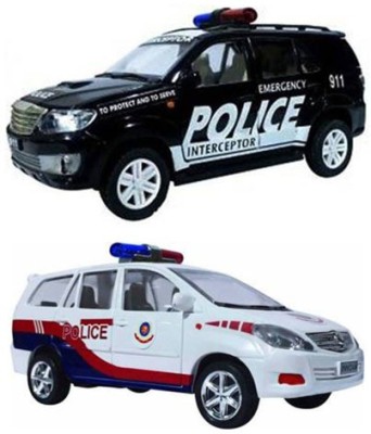 SRD TRADERS Pack of 2 Pull Back Action Miniature Models Fortune Interceptor Car and Delhi Police Car Toys for Kids [COMBO OFFRER] [Set of 2] [ NON-TOXIC MATERIAL ](White, Black, Red, Blue, Pack of: 2)
