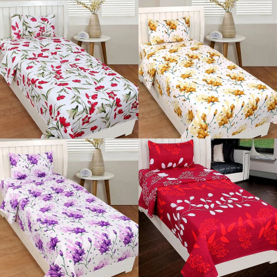 HSR Collection 144 TC Polycotton Single 3D Printed Flat Bedsheet(Pack of 4, Multicolor)