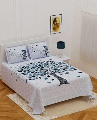 FABBON INDIA 280 TC Cotton Double Jaipuri Prints Flat Bedsheet(Pack of 1, White, Blue)