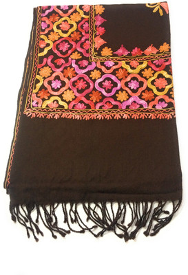 Kyras creations Wool Embroidered Women Shawl(Brown)