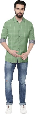 P & V Creations Men Checkered Casual Green Shirt