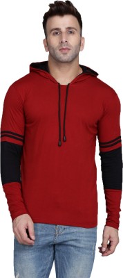 IESHNE LIFESTYLE Self Design, Solid Men Hooded Neck Maroon, Black T-Shirt