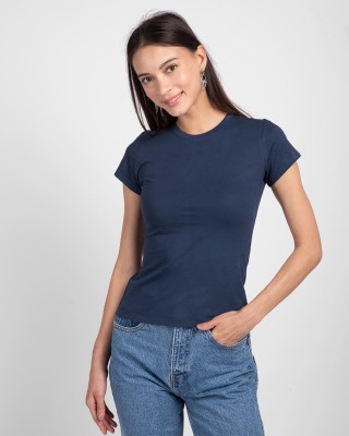 dreamkarts Solid Women Round Neck Dark Blue T-Shirt