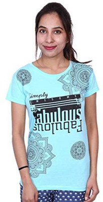 MUKHAKSH Printed Women Round Neck Light Blue T-Shirt