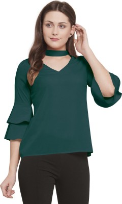 Martini Casual Layered Sleeve Solid Women Dark Green Top