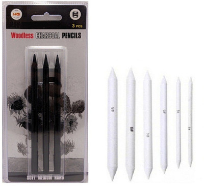 Definite Woodless Charcoal Pencil Hard Medium Soft (Pack of 3) and White Paper Stumps Blender or Tortillon for Students, Professionals, Artists (Black, White)