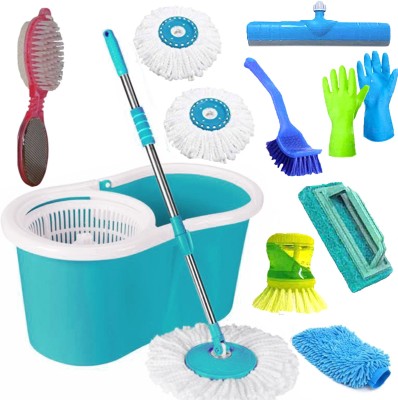 V-MOP Classic Magic Dry Bucket Spin Mop- 360 Degree Self Spin Wringing With 3 Super Absorber + 1 Pedi Cleaner + 1 Tile Scrub + 1 Liquid Brush + 1 Glove + 1 Sink Cleaner + 1 Floor Wiper + 2 Hand Glove Mop Set, Duster, Bucket, Mop, Cleaning Wipe, Toilet Brush, Scrub Pad, Glove