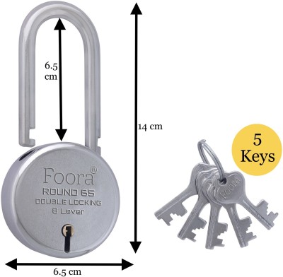 Foora Round 65 LS with 5 Keys, Extra Long Shackle, Double Locking -Size 65 mm U Lock(Silver)