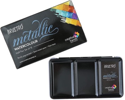 BRuSTRO Metallic Watercolour Half Pans Set of 12(Set of 1, Black)