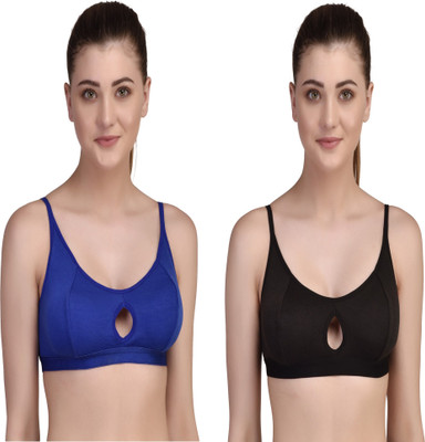 yalinee OVAL-BLACK-BLUE-1- Women Sports Non Padded Bra(Blue, Black)