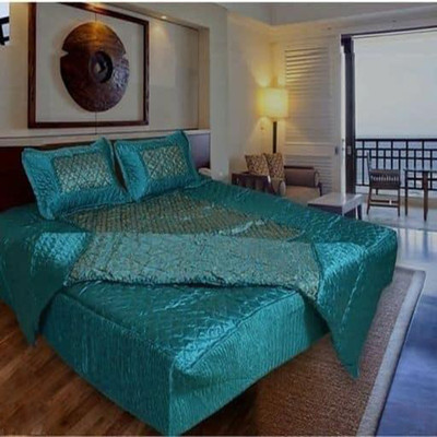 Rajasthan handicraft center Satin Double Flat 300 TC Applique Bedsheet(Pack of 1, Light Blue)