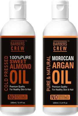 Barbers Crew Cold Pressed Premium Sweet Almond Oil And Argan Oil For Skin & Hair Pure & Natural- 100ML-Packof-2-Bottle-Combo- Hair Oil(200 ml)