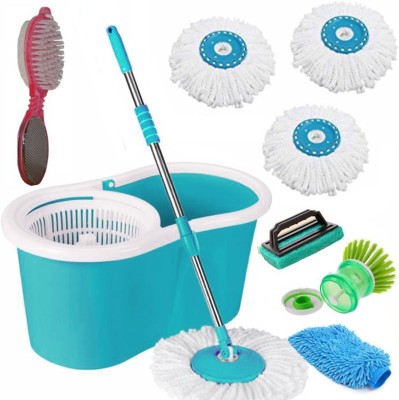 V-MOP Classic Magic Dry Bucket Spin Mop- 360 Degree Self Spin Wringing With 3 Super Absorber + 1 Pedi Cleaner + 1 Tile Scrub + 1 Liquid Brush + 1 Glove-01 Mop Set, Duster