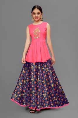 Mirrow Trade Girls Lehenga Choli Fusion Wear Printed Lehenga Choli(Pink, Pack of 1)