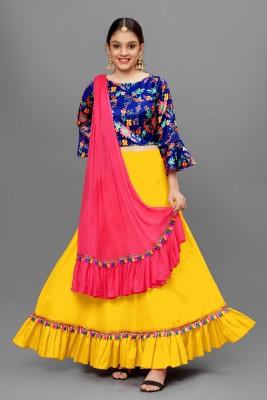 Mirrow Trade Girls Lehenga Choli Ethnic Wear Floral Print Ghagra, Choli, Dupatta Set(Yellow, Pack of 1)
