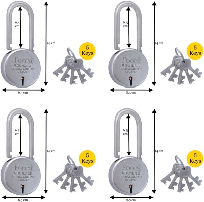 Foora (Pack 4) Round 65 LS with 5 Keys Each, Extra Long Shackle, Double Locking, Padlock(Silver)