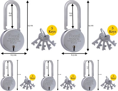 Foora (Pack of 5) Round 65 LS with 5 Keys Each, Extra Long Shackle, Double Locking, Padlock(Silver)