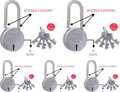 Foora (Pack 5) Round 65 LS with 5 Keys Each, Extra Long Shackle, Double Locking, Padlock(Silver)
