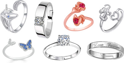 mahi 7 Pcs Combo of Stylish and Designer Adjustable Finger Rings Alloy Crystal Rhodium Plated Ring Set