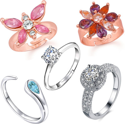 mahi 5 Pcs Combo of Stylish and Designer Adjustable Finger Rings Alloy Crystal Rhodium Plated Ring Set