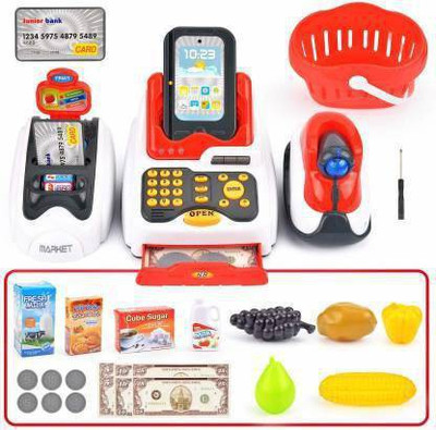 SAURASTRASHOP Cash Register for Kids with Checkout Scanner,Fruit Card Reader, Credit Card Machine, Play Money and Food Shopping Play Set