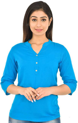 FABISHO Casual 3/4 Sleeve Solid Women Blue Top
