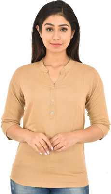 FABISHO Casual 3/4 Sleeve Solid Women Beige Top