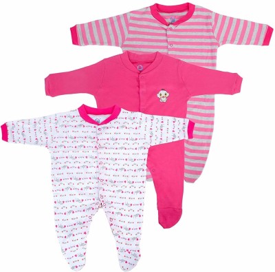 Baby Needs Kids Nightwear Baby Boys & Baby Girls Solid, Printed Cotton Blend(Pink Pack of 3)